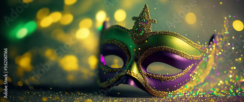 Gold, purple and green glittery mardi gras mask on shining bokeh banner. Generative AI illustration