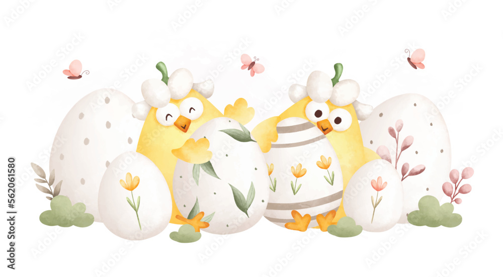 Obraz premium Watercolor Illustration. Easter chicks and Easter egg in the garden 