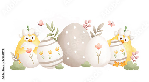 Watercolor Illustration. Easter chicks and Easter egg in the garden 