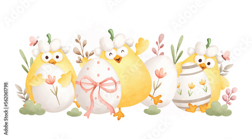 Watercolor Illustration. Easter chicks and Easter egg in the garden 