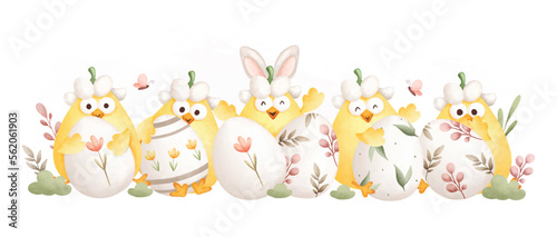 Watercolor Illustration. Easter chicks and Easter egg in the garden 