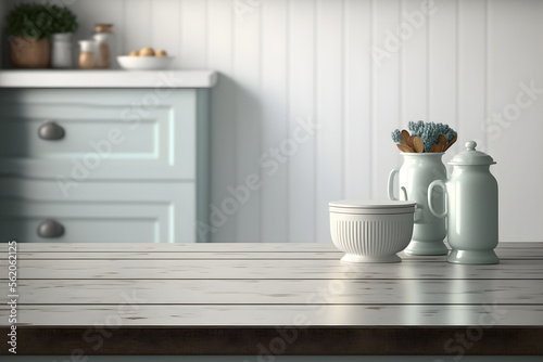 Empty white wood table top food stand with blur house kitchen background bokeh light,Mock up for product display or montage of design,Banner for advertise on online media