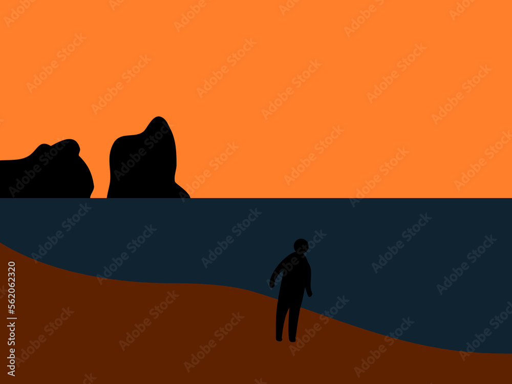 flat design beach silhouette vector illustration