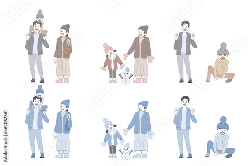 冬の服装をしニット帽をかぶった家族がかわいい雪だるまを作ったりして楽しく遊んでいるベクター素材