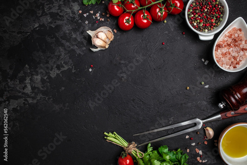 cooking background, Herbs and spices on black stone background. banner, menu, recipe place for text, top view
