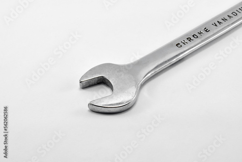 Steel double open end wrench isolated on white background. Chrome vanadium on white background