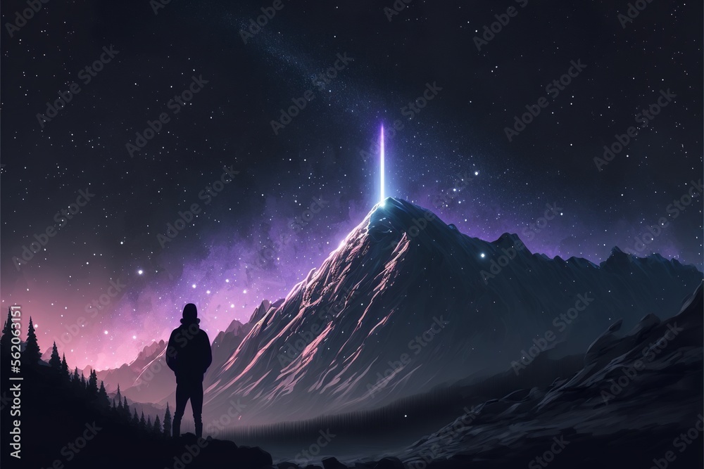 Lonely guy silhoette in a hoodie looking at a bright shooting star behind a mountain peacefully