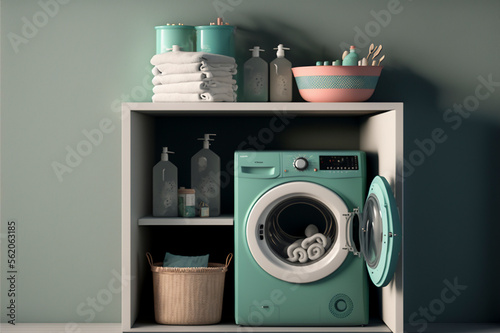 Washing machine in the green and wooden wall style with dirty clothes, laundry room style with detergent. Created with Generative AI technology.