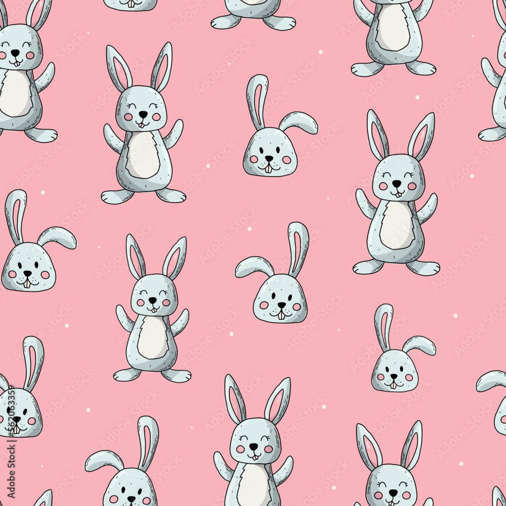 Easter bunnies seamless pattern. Hand drawn rabbits on pink background for nursery textile prints, posters, wrapping paper, wallpaper, scrapbooking, stationary, etc. EPS 10 Easter bunnies seamless pattern. Hand drawn rabbits on pink background for nursery textile prints, posters, wrapping paper, wallpaper, scrapbooking, stationary, etc. EPS 10
