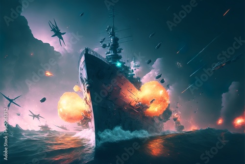 Airplanes attack a ship with torpedos at the open sea in the middle of an epic fight, and everything is exploding, meanwhile giant waves hit the side of the ship