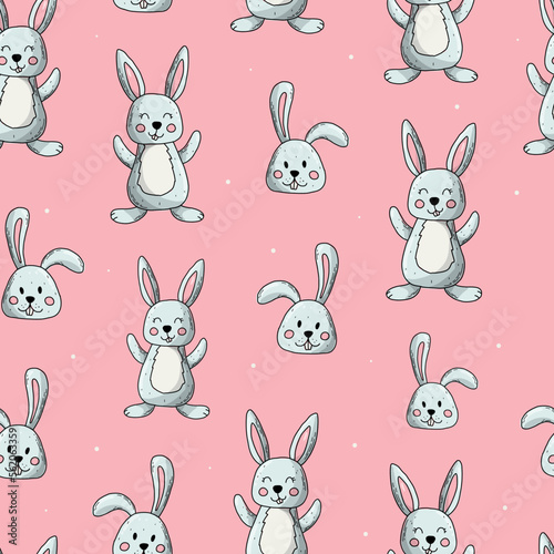 Easter bunnies seamless pattern. Hand drawn rabbits on pink background for nursery textile prints, posters, wrapping paper, wallpaper, scrapbooking, stationary, etc. EPS 10
