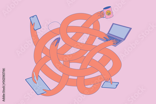 Long tangled hands with devices