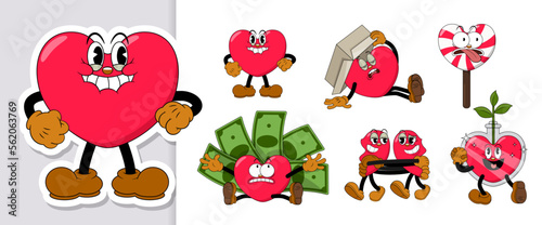Set of comic red hearts characters in retro cartoon style on valentine day holiday. Cute comic hearts with funny faces emoticons in cartoon style for any life situation.