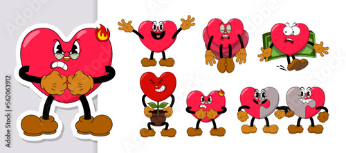 Set of comic red hearts characters in retro cartoon style on valentine day holiday. Cute comic hearts with funny faces emoticons in cartoon style for any life situation.