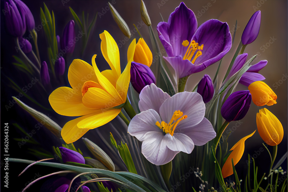 Obraz premium Spring country pastoral illustration, blooming crocuses flowers buds