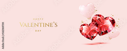 Romantic Valentine's Day background with red diamond pair of hearts, balloons and with golden confetti.