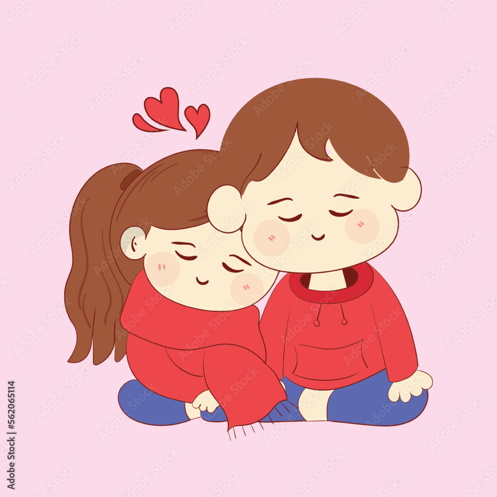 Illustration of cute cartoon character Couple of Lovers leaning together on Valentine day Illustration of cute cartoon character Couple of Lovers leaning together on Valentine day