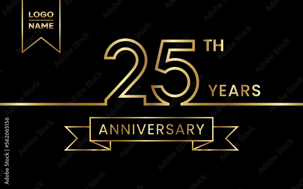 25th Anniversary template design with gold color text and ribbon for ...