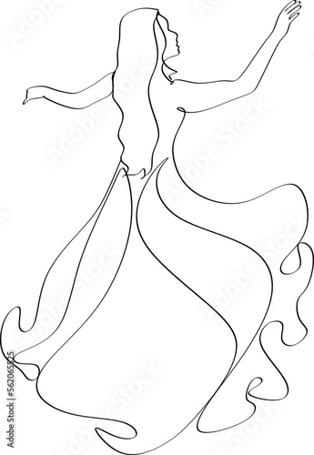 Beautiful woman in long flowing dress in continuous line art drawing style. Girl wearing luxury evening or bridal gown. Minimalist black linear sketch isolated on white background. Vector illustration