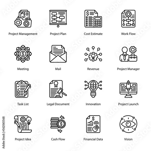 Project Management, Project Plan, Cost Estimate, Work Flow, Meeting, Mail, Revenue, Project Manager, Task List, Legal Document, Project Launch, Project Idea, Outline Icons - Stroked, Vectors