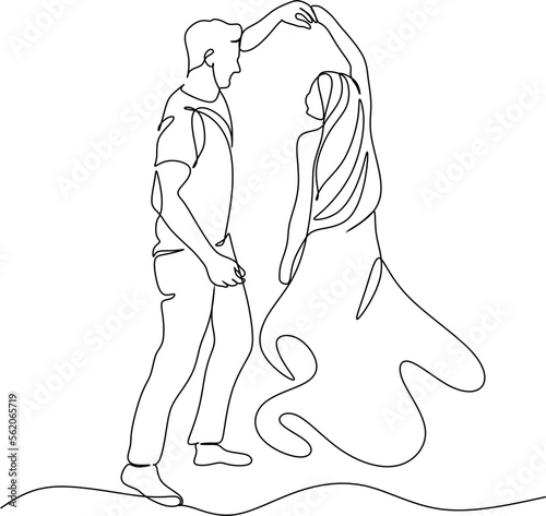 Single one line drawing happy cute married man and woman dancing on the floor at party park. Romantic young wedding couple holding hands and spinning around. Continuous line draw design graphic vector