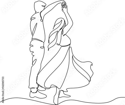 Single one line drawing happy cute married man and woman dancing on the floor at party park. Romantic young wedding couple holding hands and spinning around. Continuous line draw design graphic vector