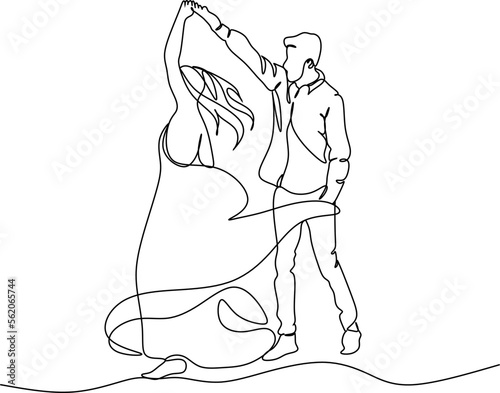 Single one line drawing happy cute married man and woman dancing on the floor at party park. Romantic young wedding couple holding hands and spinning around. Continuous line draw design graphic vector