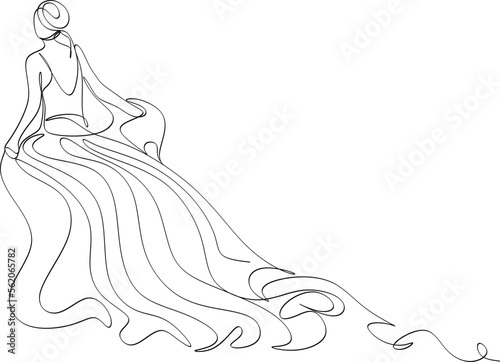 Beautiful woman in long flowing dress in continuous line art drawing style. Girl wearing luxury evening or bridal gown. Minimalist black linear sketch isolated on white background. Vector illustration