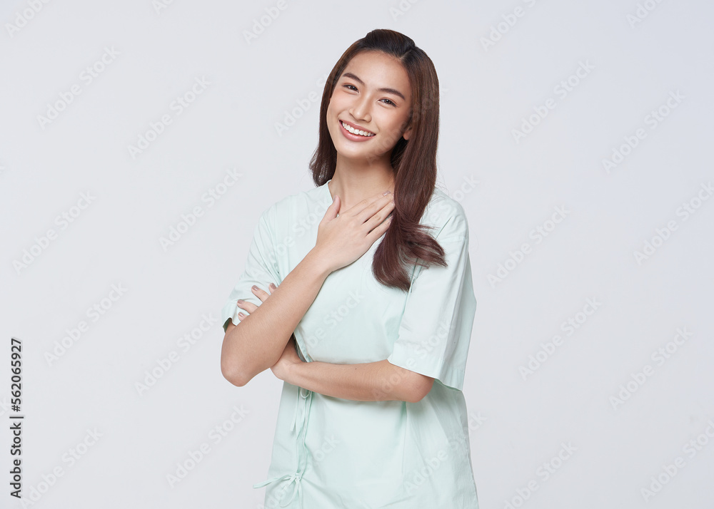 Happy asian woman patient isolated on white studio background. life insurance and coverage concept. Happy asian woman patient isolated on white studio background. life insurance and coverage concept.