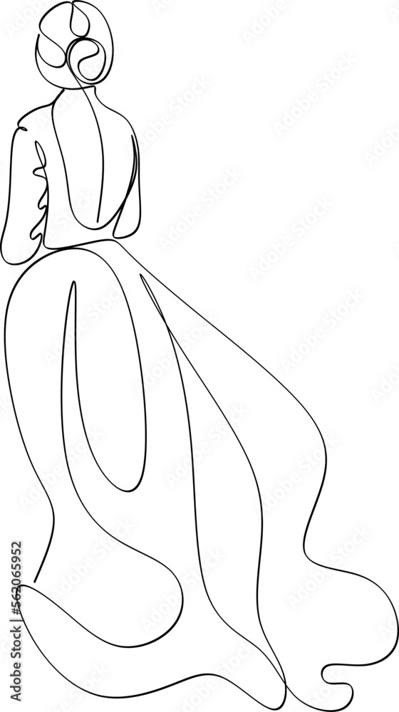 Beautiful woman in long flowing dress in continuous line art drawing style. Girl wearing luxury evening or bridal gown. Minimalist black linear sketch isolated on white background. Vector illustration Beautiful woman in long flowing dress in continuous line art drawing style. Girl wearing luxury evening or bridal gown. Minimalist black linear sketch isolated on white background. Vector illustration