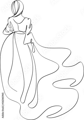 Beautiful woman in long flowing dress in continuous line art drawing style. Girl wearing luxury evening or bridal gown. Minimalist black linear sketch isolated on white background. Vector illustration