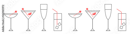 Cocktails collection, alcoholic and non-alcoholic summer drinks with ice cubes of lemon, lime, and mint. Whiskey with ice, tequila, vodka, sambuca, mojito. Vector illustration of summer cocktails.