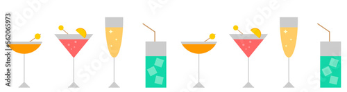 Cocktails collection, alcoholic and non-alcoholic summer drinks with ice cubes of lemon, lime, and mint. Whiskey with ice, tequila, vodka, sambuca, mojito. Vector illustration of summer cocktails.