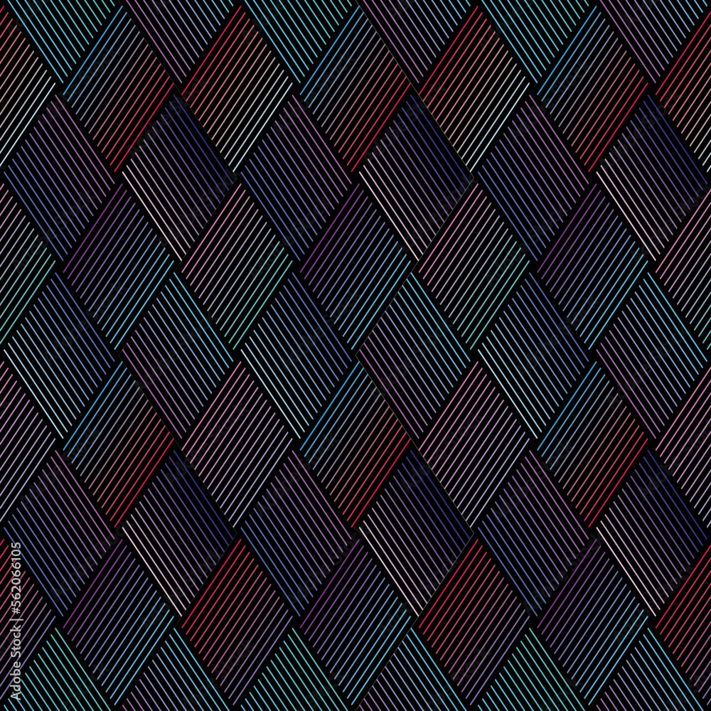 Seamless geometric pattern with colorful lines on dark background. Vector illustration. Texture for print, textile, fabric, packaging. Seamless geometric pattern with colorful lines on dark background. Vector illustration. Texture for print, textile, fabric, packaging.