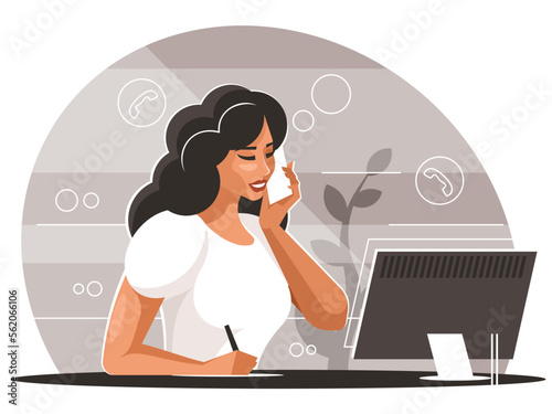 Woman with smartphone. Businesswoman sitting at a table with a display talking on the phone