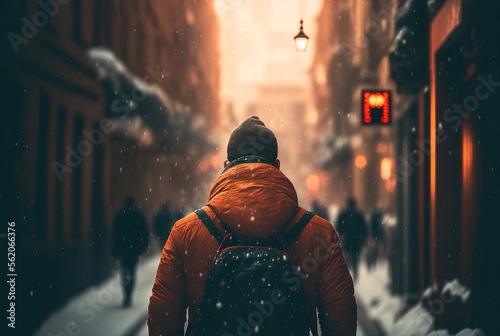 Snowy Winter Scene with Man Walking on Road