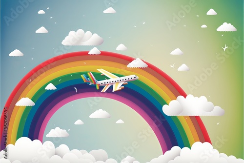 Airplane in sky drawing rainbow over cloud illustration. Aircraft travel background in paper cut art craft style. Flight adventure on holiday vacation concept