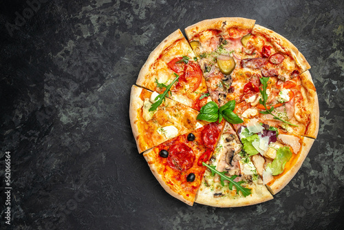 slices of pizza with different toppings, a hand holding a piece of pizza on a dark background, Restaurant menu, dieting, cookbook recipe top view