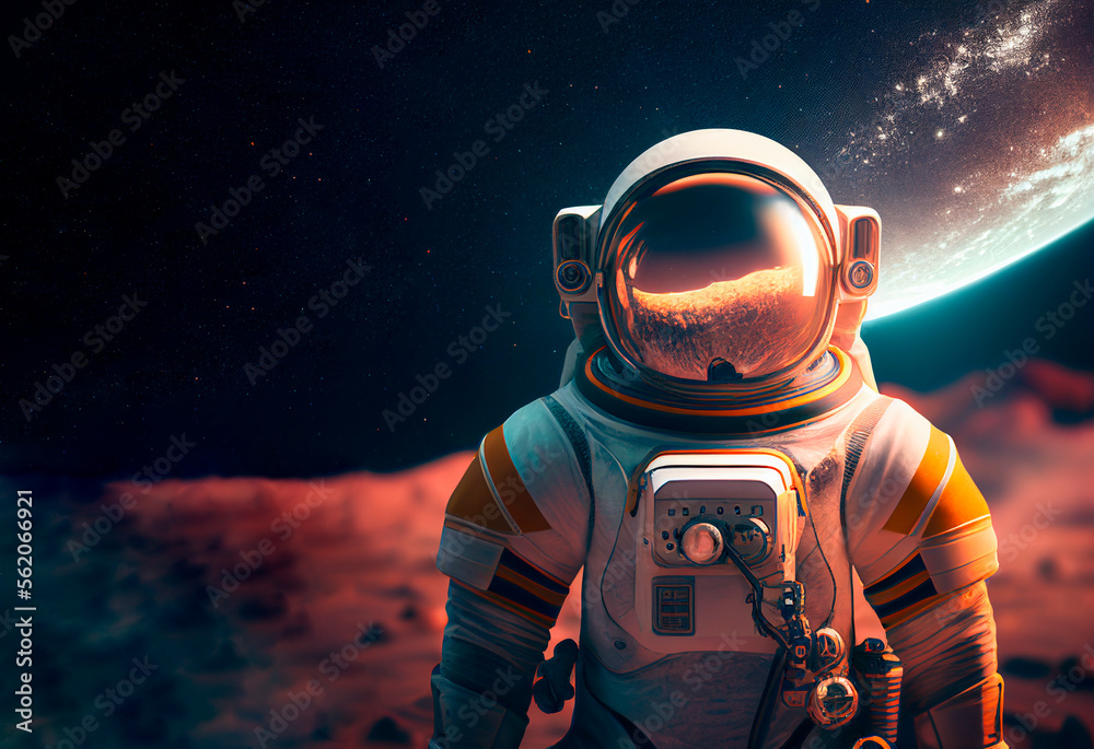 AI generated. Astronaut with the moon behind him with space for text. AI generated. Astronaut with the moon behind him with space for text.