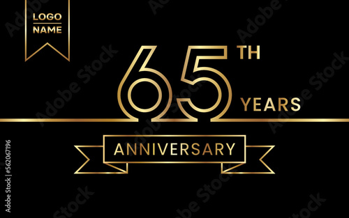65th Anniversary template design with gold color text and ribbon for celebration event, invitations, banners, posters, flyers, greeting cards. Line Art Design, Logo Vector Template