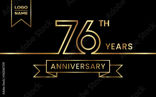 76th Anniversary template design with gold color text and ribbon for celebration event, invitations, banners, posters, flyers, greeting cards. Line Art Design, Logo Vector Template