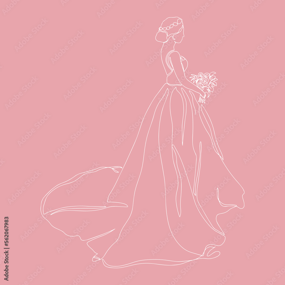 The bride holding the bouquet draws a continuous line.The silhouette of the bride in one line, side view, dressed in a wedding dress. The bride holding the bouquet draws a continuous line.The silhouette of the bride in one line, side view, dressed in a wedding dress.