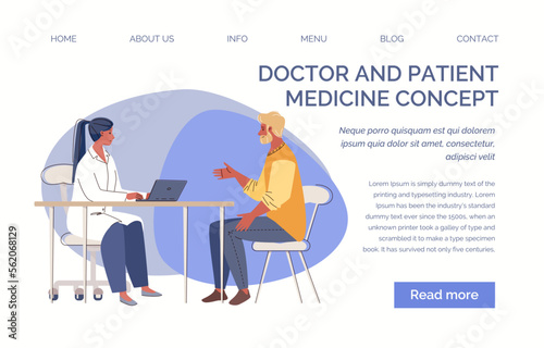 Reception of doctor, therapist, narrow specialist. Young man asked for medical help. Physician consults patient, diagnoses, prescribes treatment.  Landing page. Vector flat cartoon illustration.

