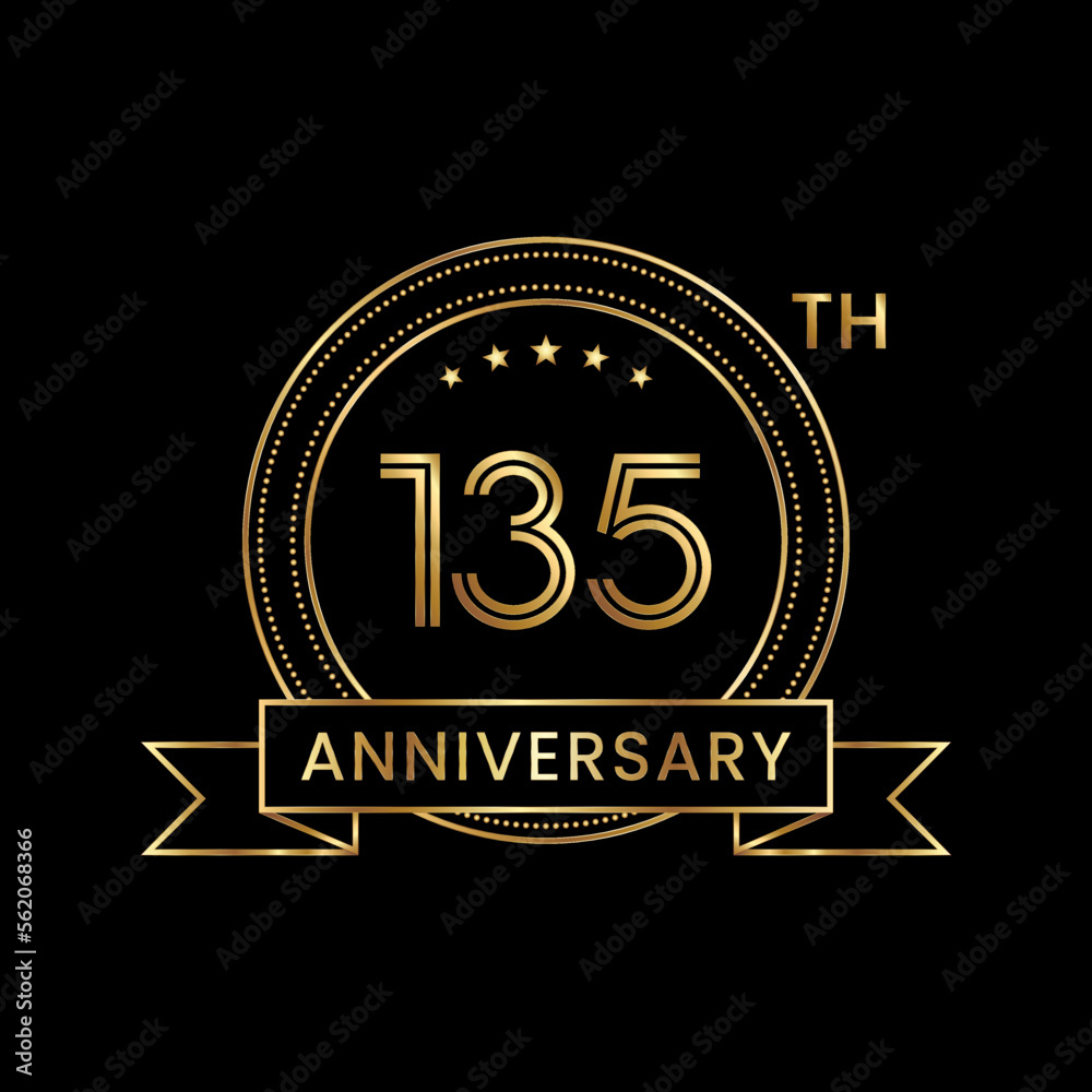 135th Anniversary logo design with gold color text and ribbon for celebration event, invitations, banners, posters, flyers, greeting cards. Line Art Design, Logo Vector Template