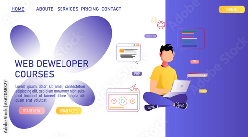 Man working with laptop on the website development. Website developer, Web agency, programmer and coder concept. Vector illustration for banner, presentation, advertising, poster.
