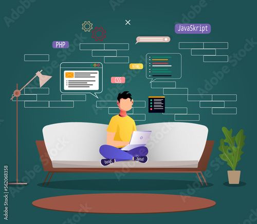 Man working with laptop on the website development. Website developer, Web agency, programmer and coder concept. Vector illustration for banner, presentation, advertising, poster.