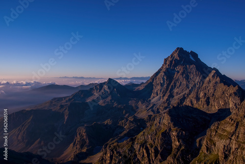 Monviso (3841) and Viso Mozzo (3015 m), the highest mountains in the western Alps, taken at dawn on a summer day from Mount Meidassa. Italian Alps.