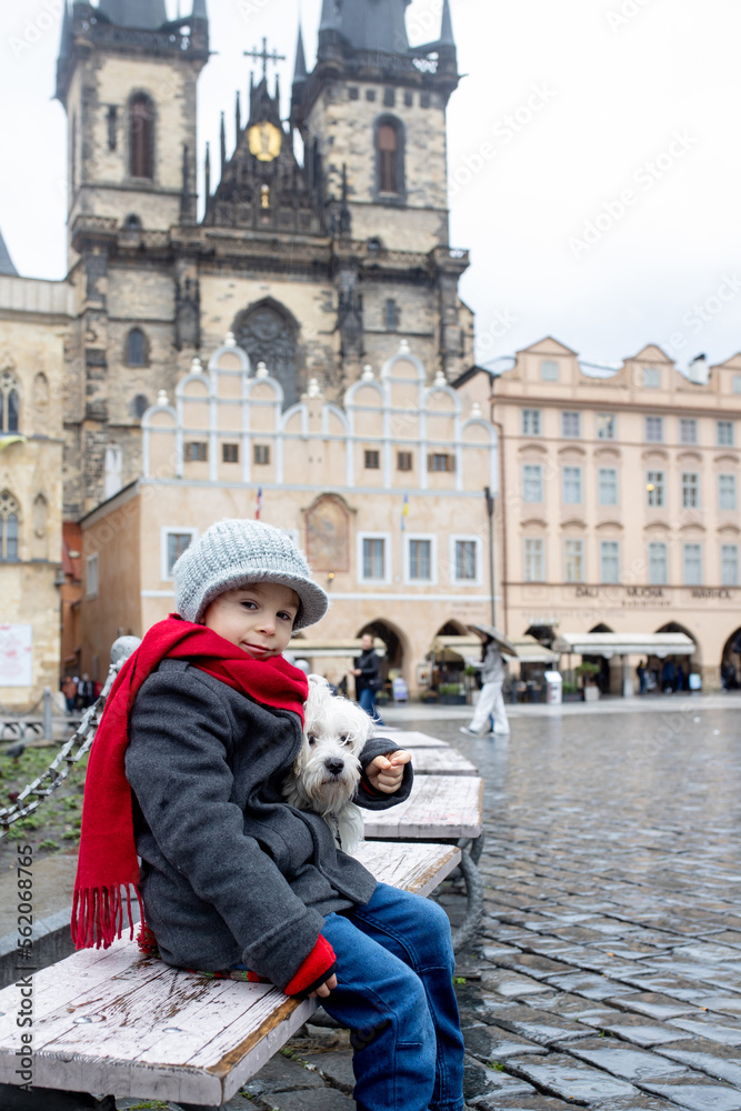 Child in Prague, eating traditional czech dessert trdelnik