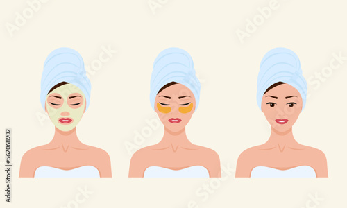The girl takes care of the skin of the face. Facial mask, eye patches, care, facial skin cleansing