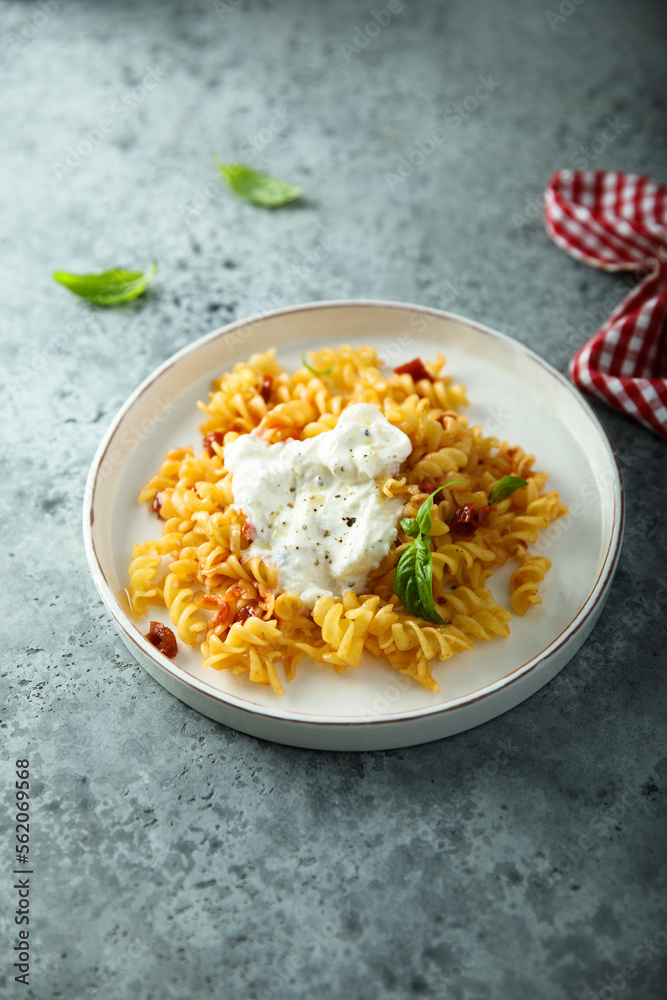 Pasta with tomatoes and fresh cheese Pasta with tomatoes and fresh cheese